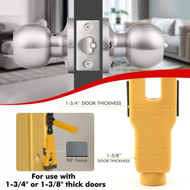 Door latch mortise tool kit with yellow handle and metal guide plate