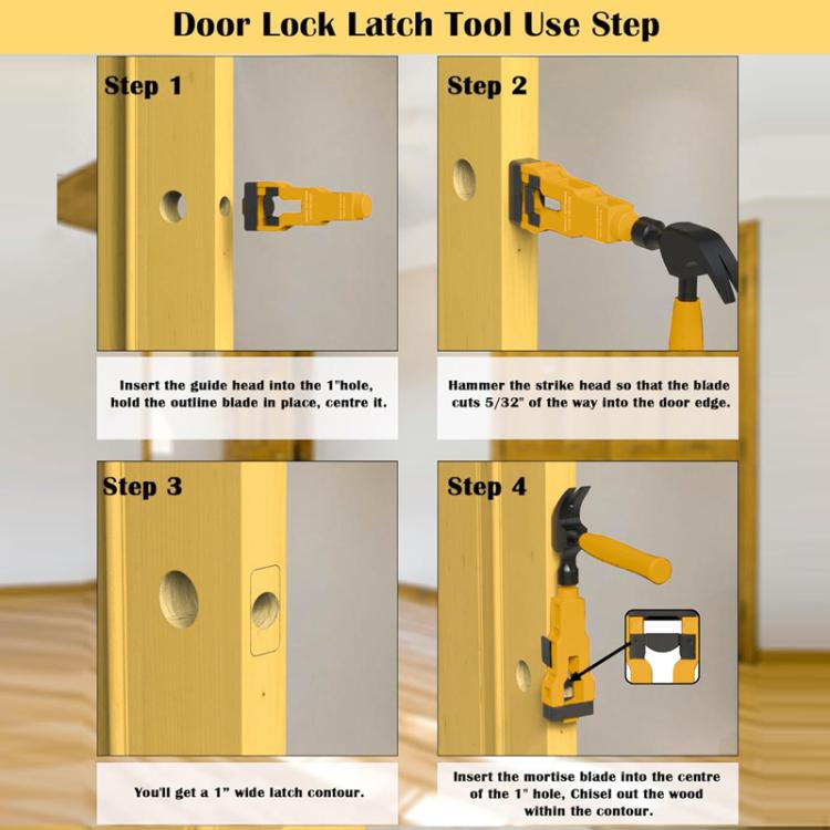 Door latch mortise tool in use on a wooden door, cutting hinge-style openings