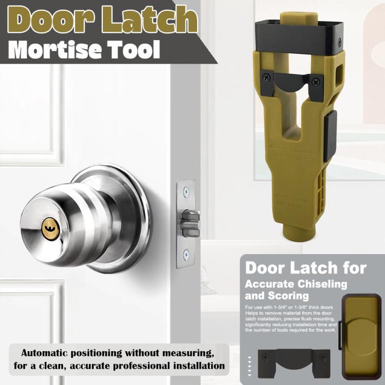Yellow door latch mortise tool next to a door lock cylinder