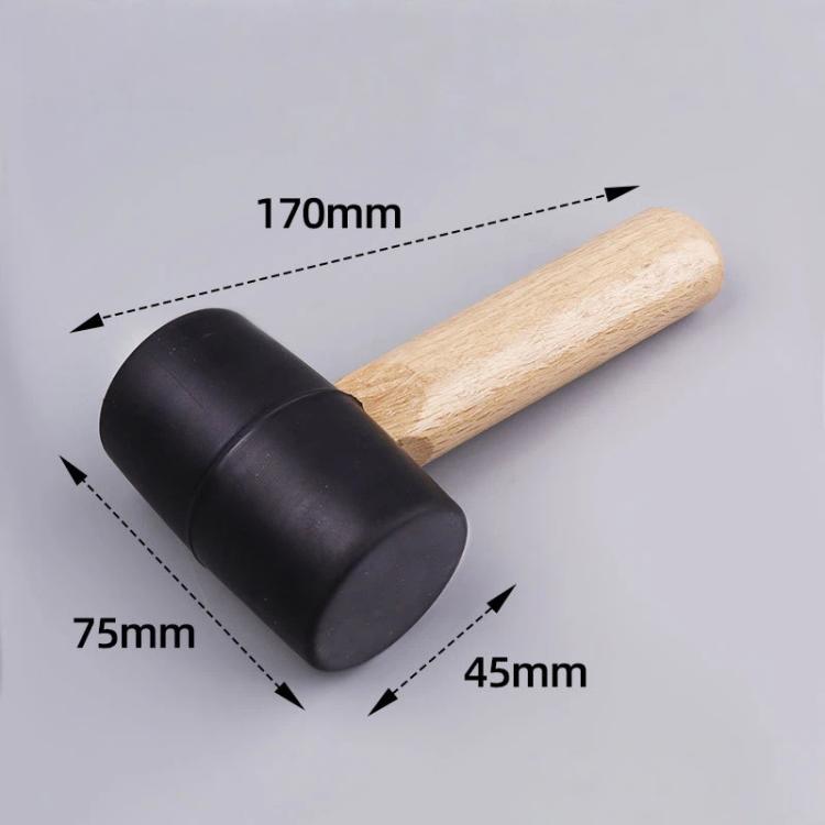 Short-handled rubber mallet with black padded head and light wood grip