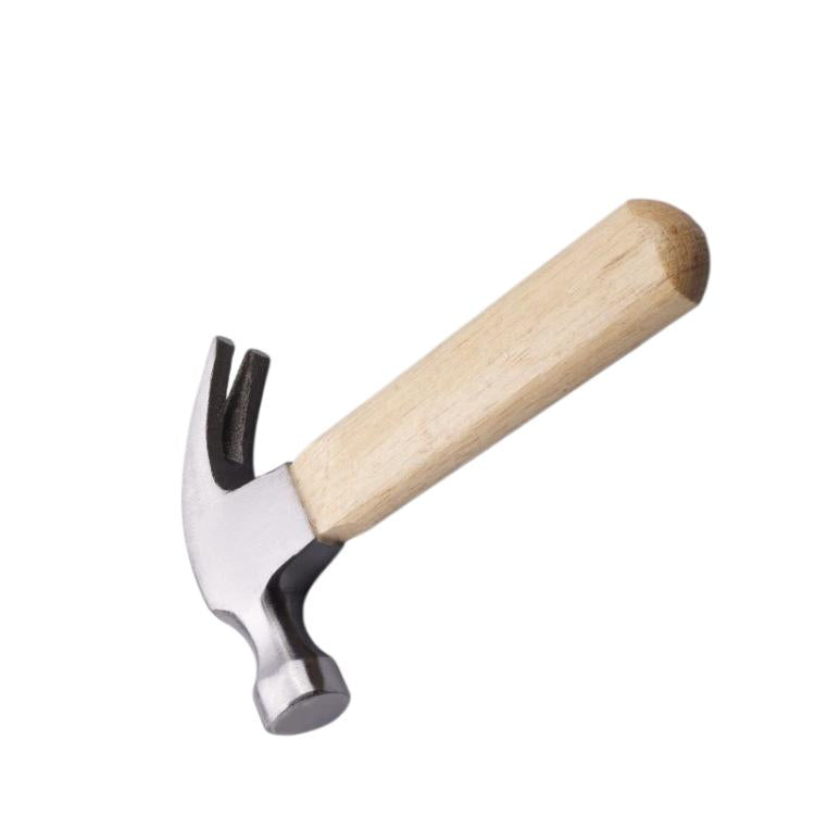Small claw hammer with curved nail puller and light wood handle