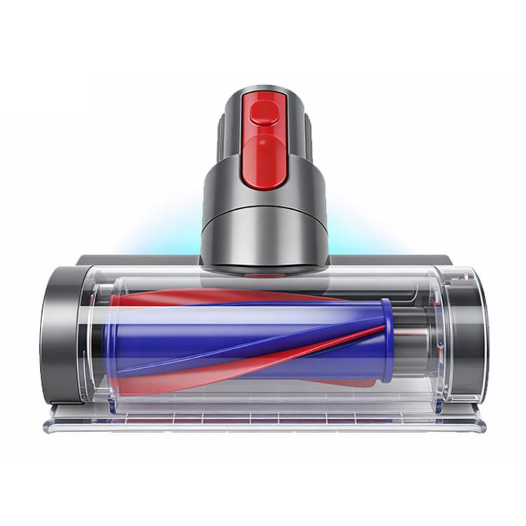 Electric mattress brush with transparent drum and blue/red bristles, gray and red base