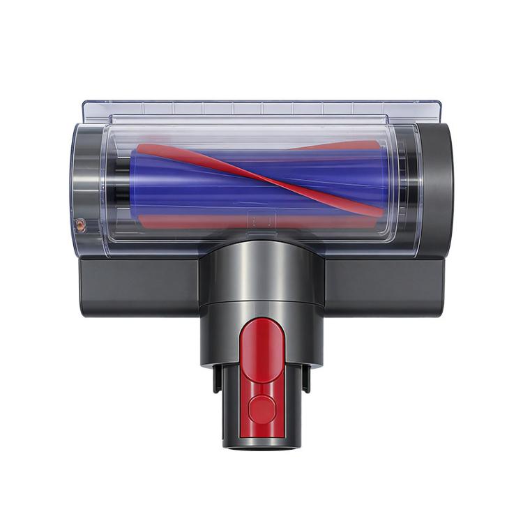 Electric mattress brush with clear dust chamber, blue/red brush roll, dark gray body