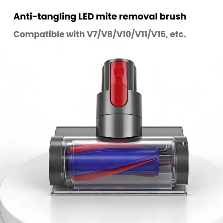 Electric mattress brush head with LED, clear cylinder and blue/red bristle bar