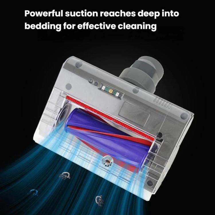 Electric mattress brush with clear bar, blue brush roll and LED light, shown with airflow
