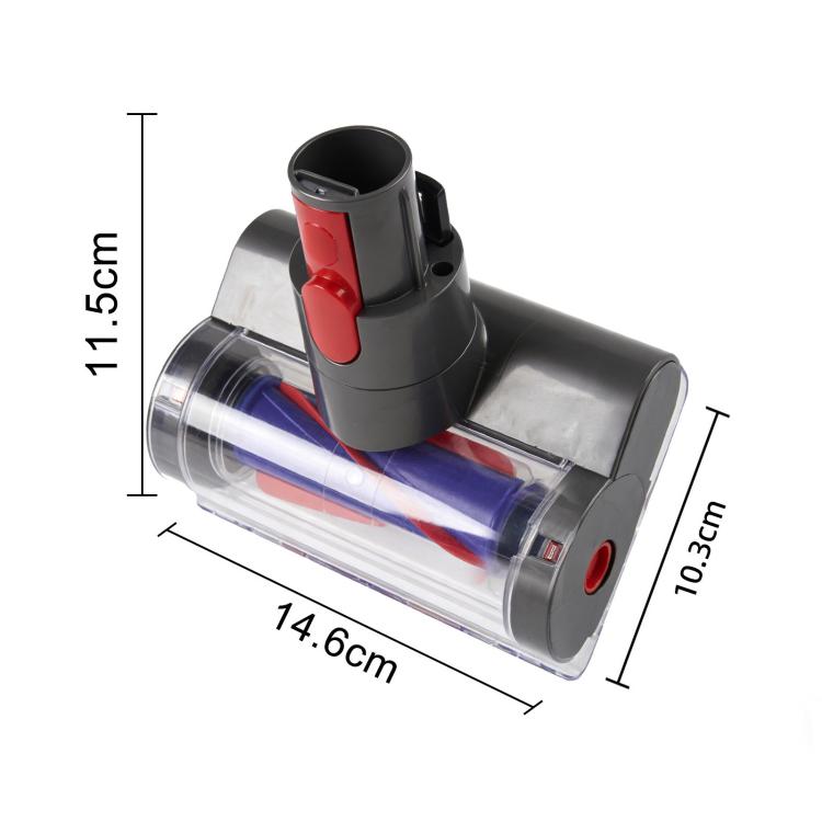 Electric mattress brush with clear drum and blue/red bristles, size 14.6 x 10.3 cm