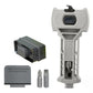 Gray door latch mortiser chisel tool with gray scoring blade set and guide post.