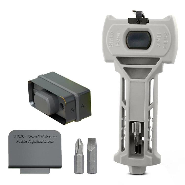 Gray door latch mortiser chisel tool with gray scoring blade set and guide post.
