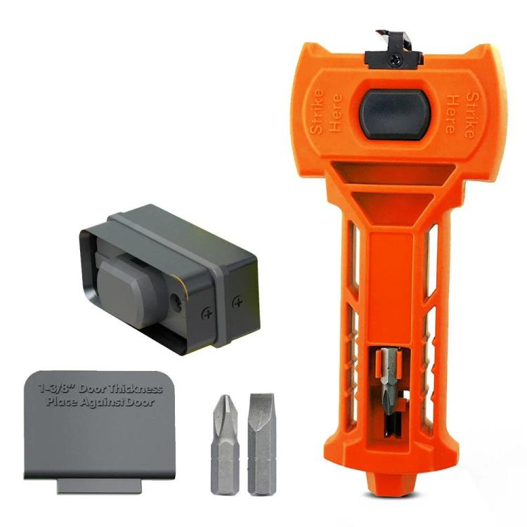 Orange door latch mortiser chisel tool with gray scoring blade set and guide post.