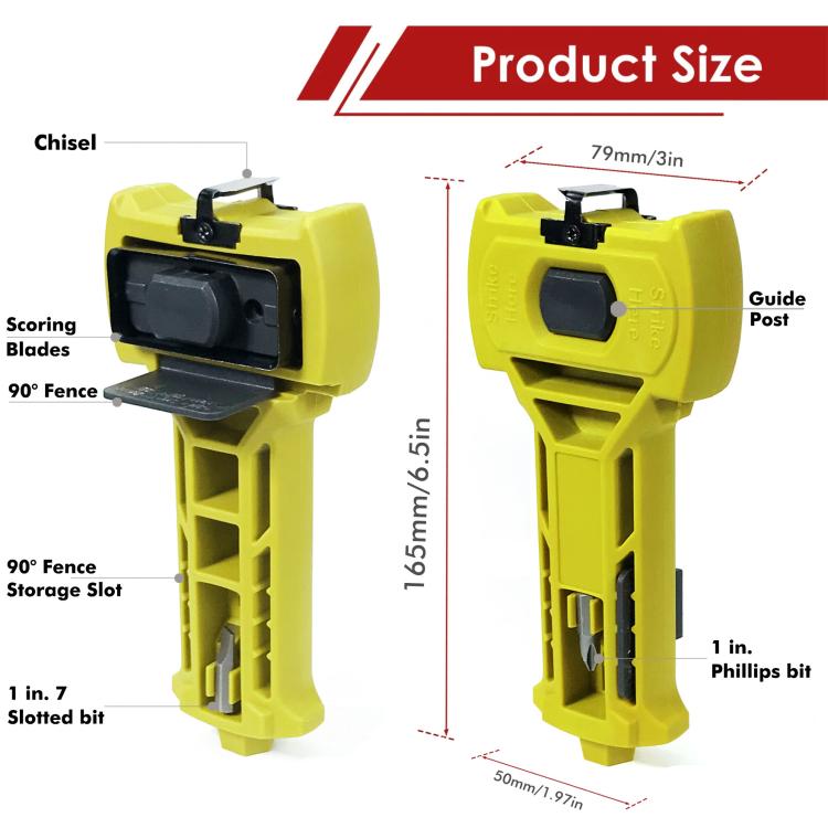 Door latch mortiser chisel tool with guide post, scoring blades, and size diagram layout.