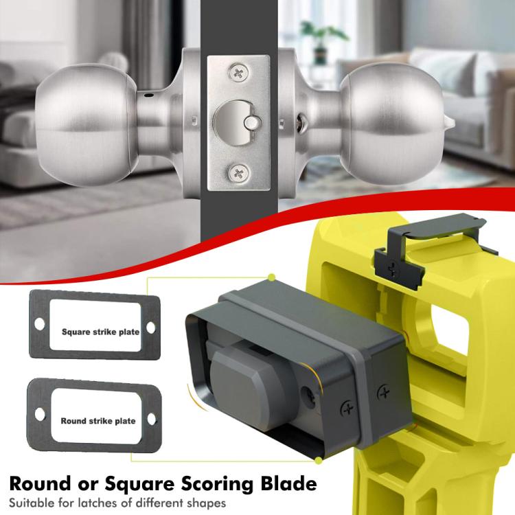 Door latch mortiser chisel tool with round and square strike plate template shapes.
