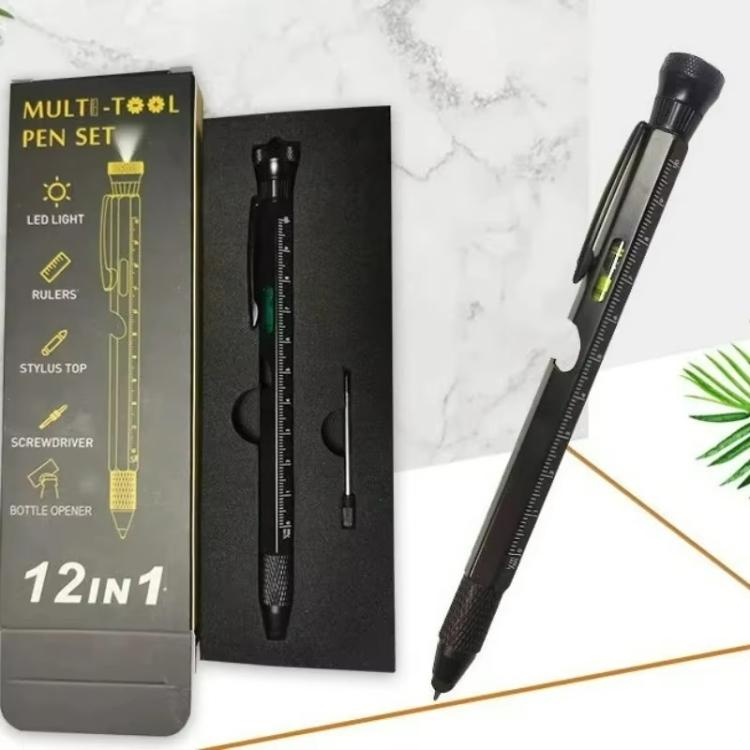 Multifunctional EDC tool pen set in retail box with LED, ruler scale, and stylus