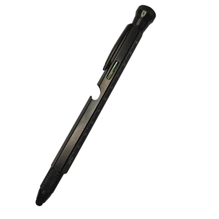 Black multifunctional EDC tool pen with built-in ruler scale and capped LED end