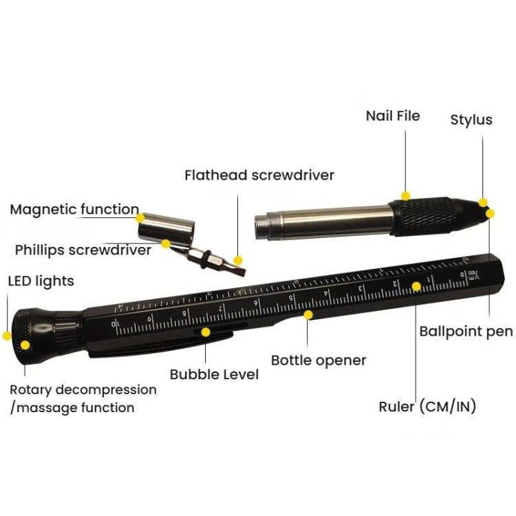 Multifunctional tool pen diagram showing LED light, ruler, stylus, and ballpoint tip