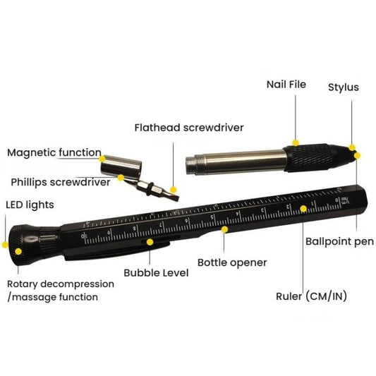 Multifunctional tool pen diagram showing LED light, ruler, stylus, and ballpoint tip