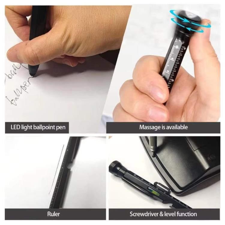 Multifunctional EDC tool pen held over paper with LED light and ruler markings