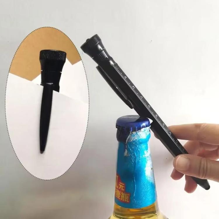 Multifunctional EDC tool pen using bottle-opener tip with LED light near a bottle