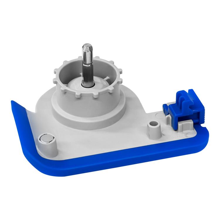 Robot vacuum roller handle accessory with central shaft and side clips, white and blue