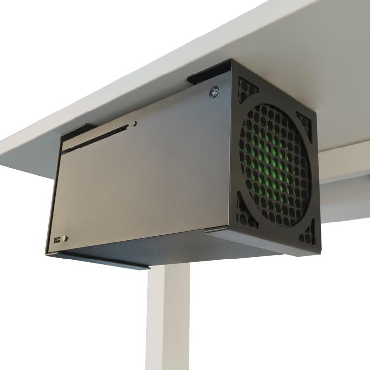 Black metal under-desk hidden console holder with front ventilation grille