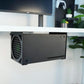 Black metal under-desk console bracket with large side air vent and open front