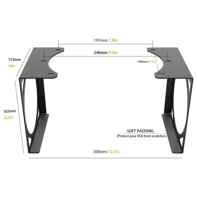 Under-desk bracket with size measurements and side support legs diagram