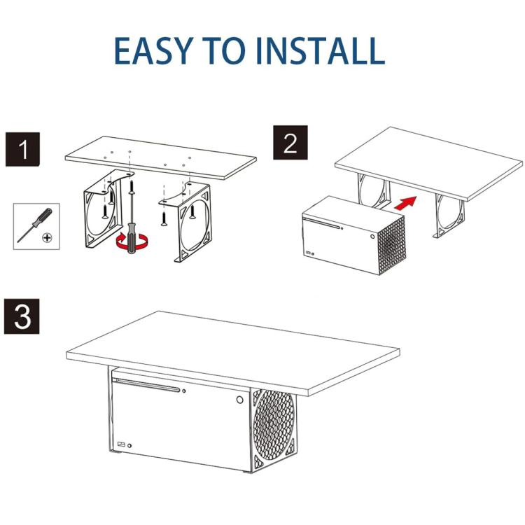 Step-by-step diagram for installing an under-desk metal console holder bracket