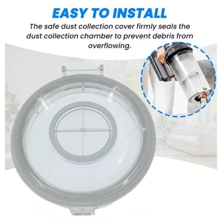 Circular dust cup cover with gray rim for vacuum cleaner dust chamber