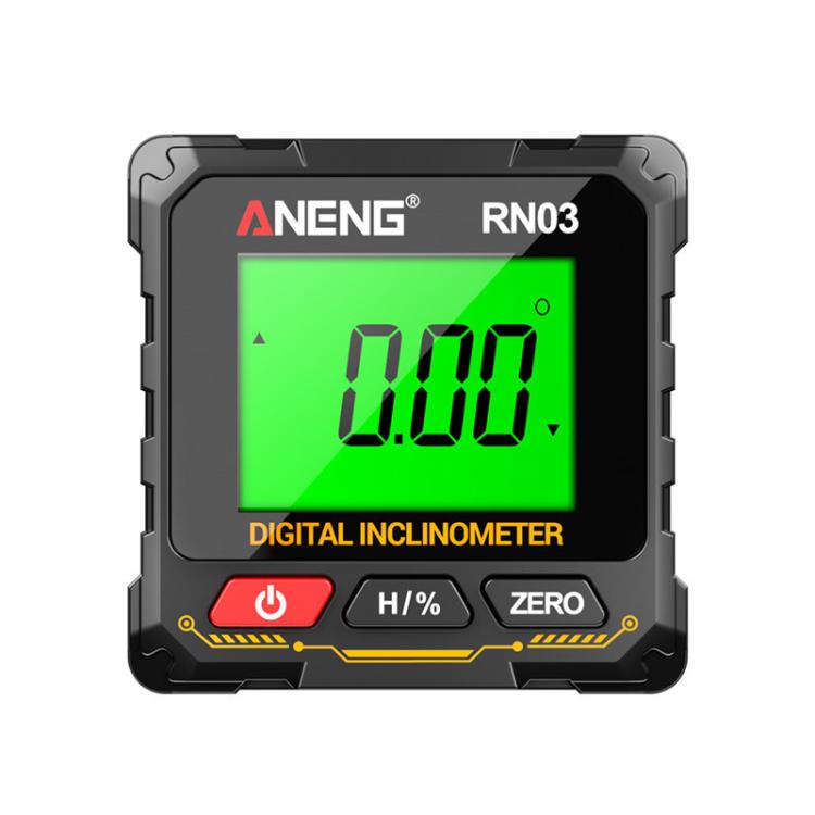 ANENG RN03 digital inclinometer with green LCD showing 0.00° and control buttons