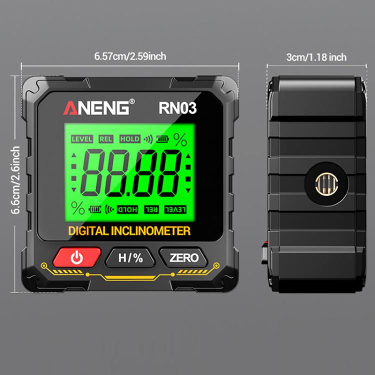 ANENG RN03 digital inclinometer front view with green LCD angle readout and side profile