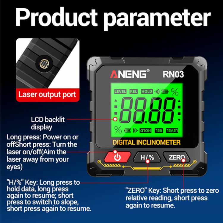 ANENG RN03 digital inclinometer with backlit LCD, buttons, and laser output port