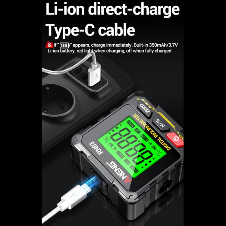 ANENG RN03 digital inclinometer with Type-C charging setup and green LCD readout