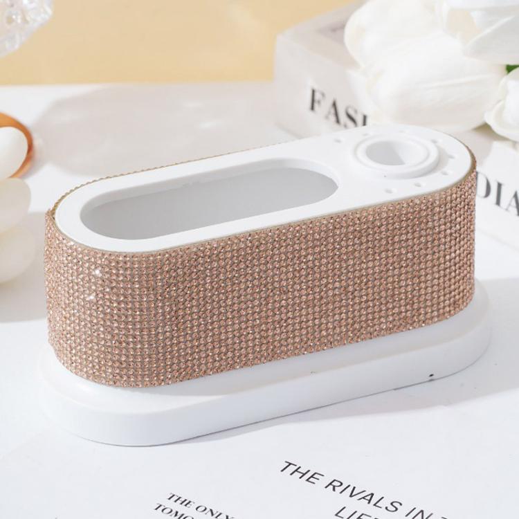 Rose gold rhinestone manicure file storage case with white base and twin tool openings