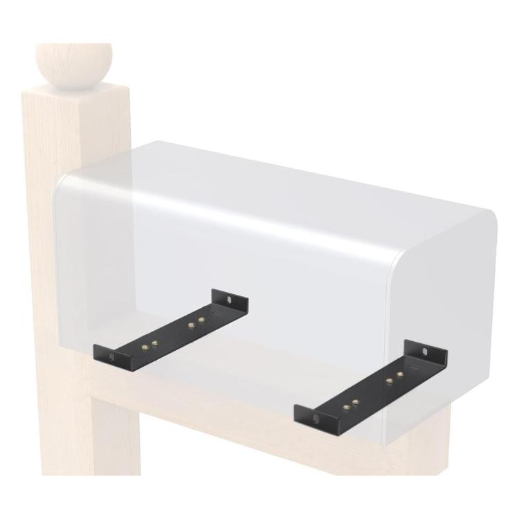 Black metal mailbox mounting bracket with two horizontal arms and four mounting holes