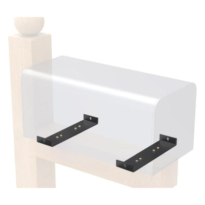 Black metal mailbox mounting bracket with two horizontal arms and four mounting holes