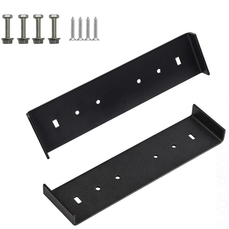 Black metal mounting bracket with screw hardware and pre-drilled holes, two long plates