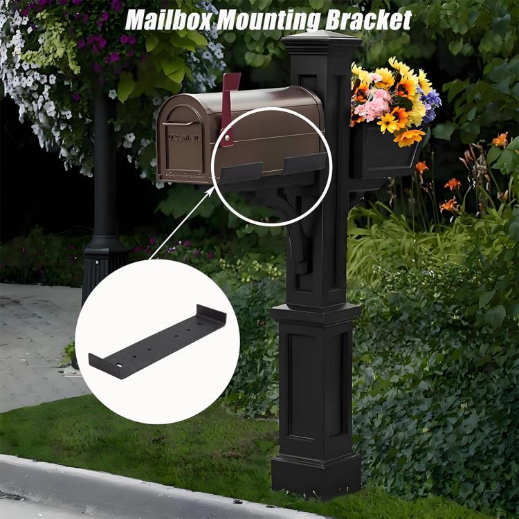 Black mailbox mounting bracket with a long support arm on a post