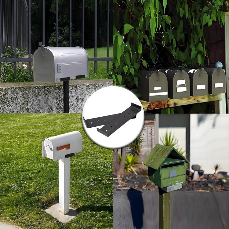 Black mailbox mounting bracket attached to a white mailbox base, long support arm