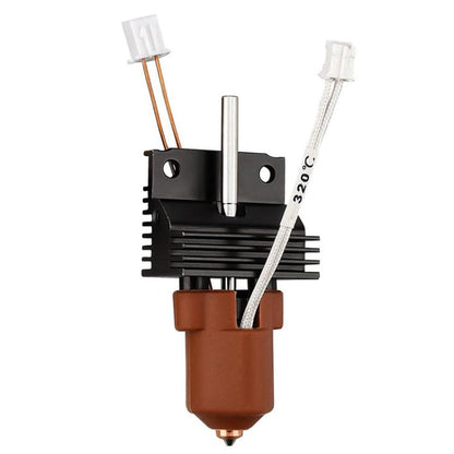 Ceramic hot end kit with black heatsink, brown insulator, metal nozzle and white cables