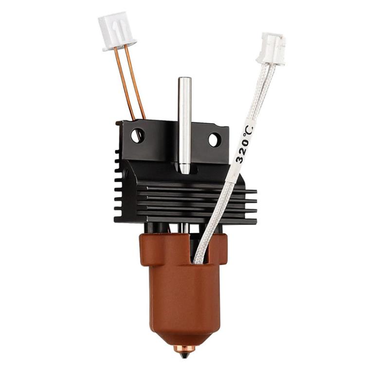 Ceramic hot end kit with black finned block, brown insulator, metal nozzle and braided cables