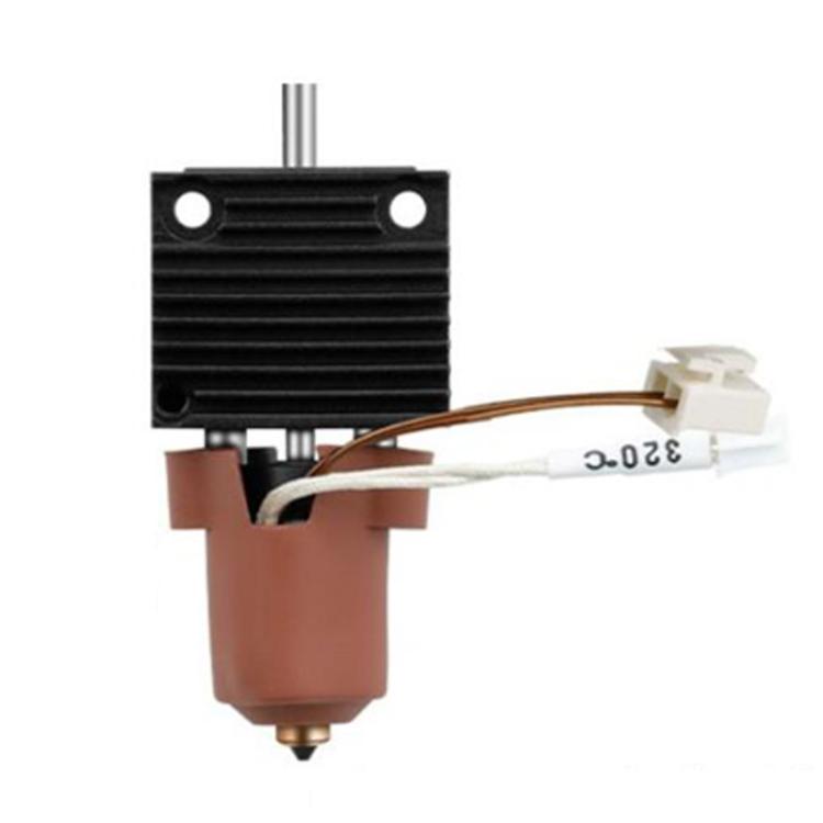 Ceramic hot end kit with black finned heatsink, brown insulator, metal nozzle and two white leads