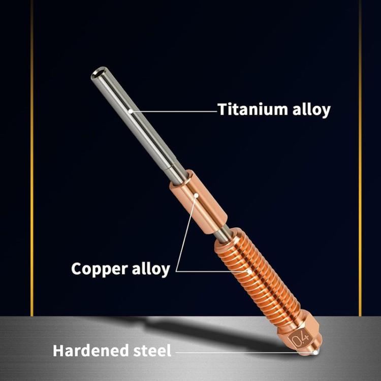 High-flow hot end nozzle with metal shaft, copper-colored barrel, and hardened tip