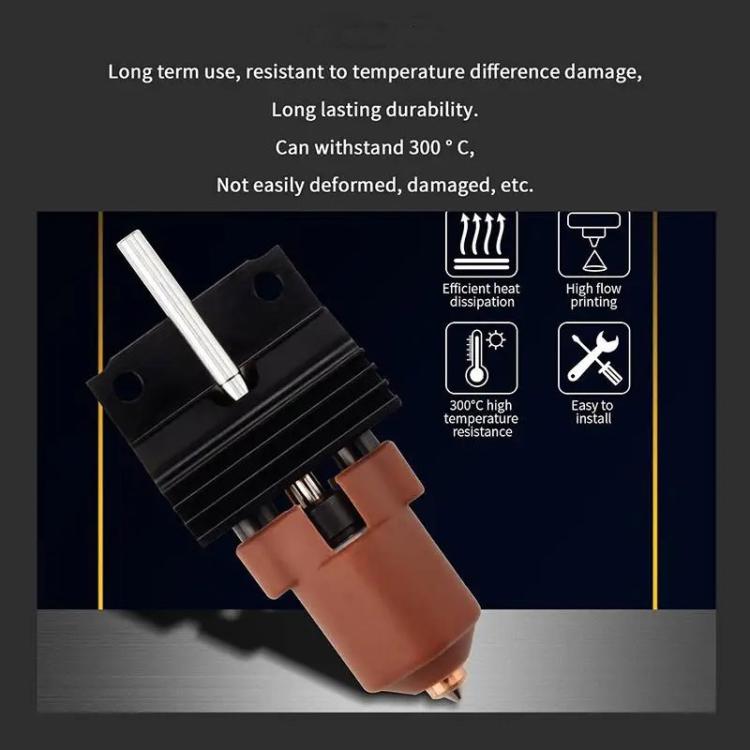 Ceramic hot end with black heatsink fins, brown insulator, and mounted thermistor cable