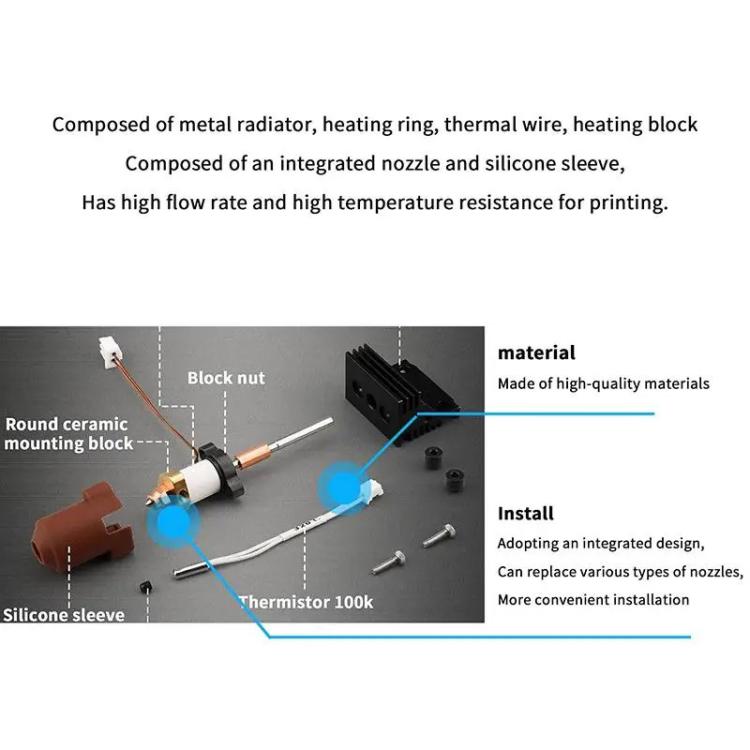 Ceramic hot end kit diagram showing mounting block, silicone sleeve, thermistor, and screws