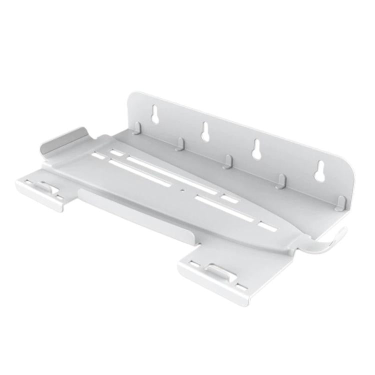 White wall-mount console organizer rack with controller hooks and support arms