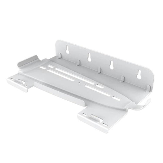White wall-mount console organizer rack with controller hooks and support arms