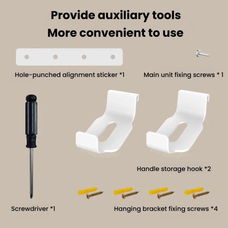 Wall-mount organizer kit parts: screws, hooks, brackets, and alignment sticker