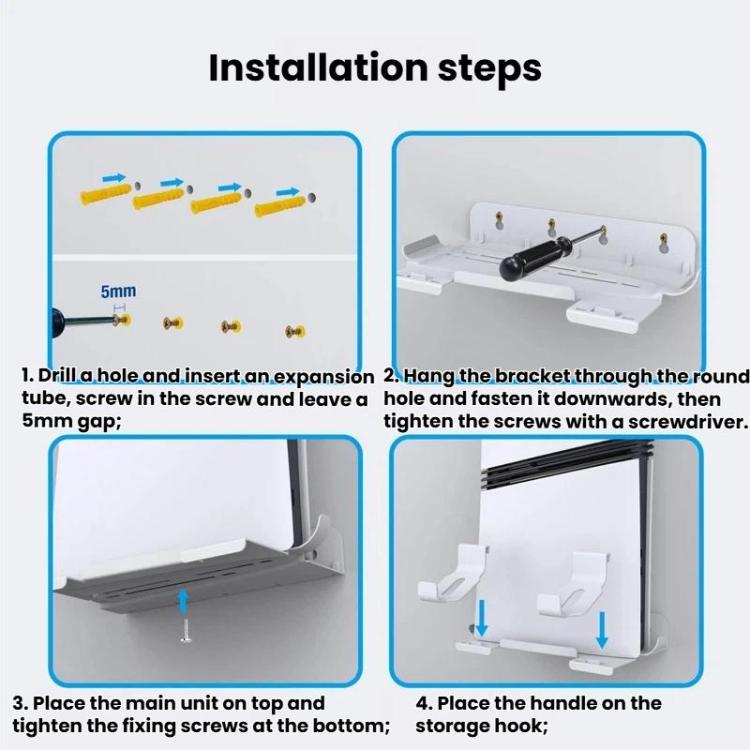 Console wall-mount installation steps showing bracket placement and tightening