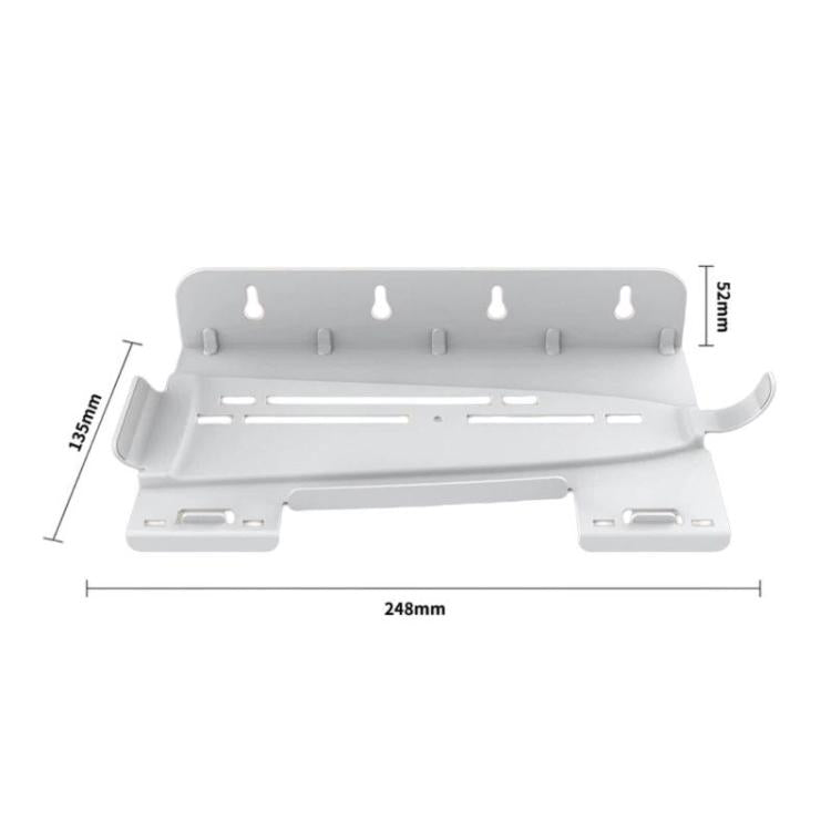 White wall-mount console organizer rack with dimensions labeled