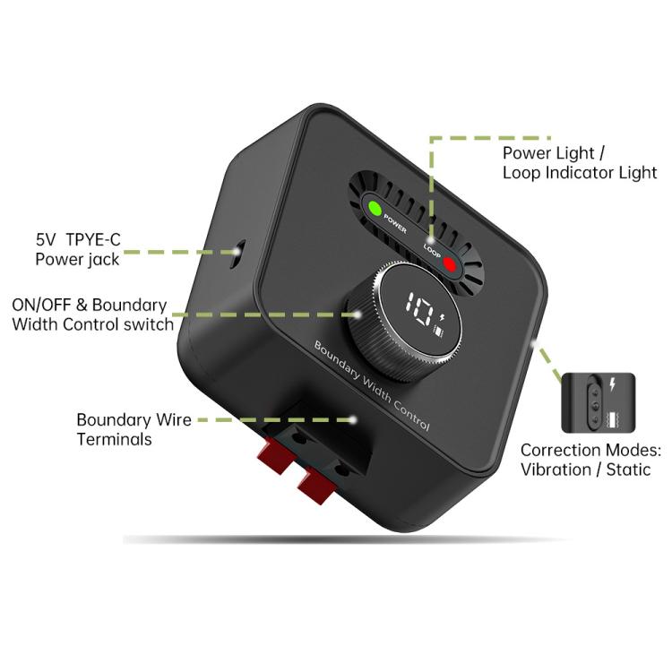 F600 fence control unit diagram with power jack, boundary terminals, vibration/static modes