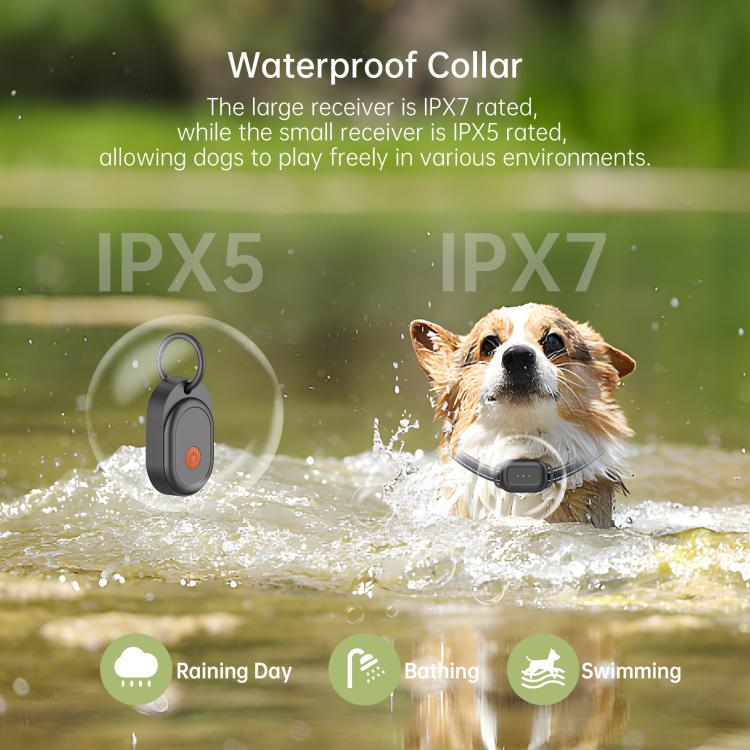 Waterproof electric dog fence collar receiver, black receiver shown in splashing water
